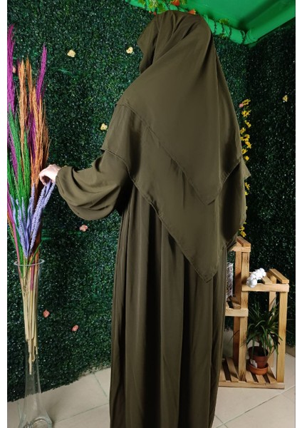 Umre Takım Haki Yeşili Medine Ipeği 3 Lü Set Elbise-Sufle-Seyyar Peçe