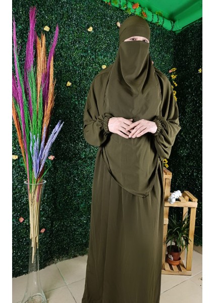 Umre Takım Haki Yeşili Medine Ipeği 3 Lü Set Elbise-Sufle-Seyyar Peçe fiyatları