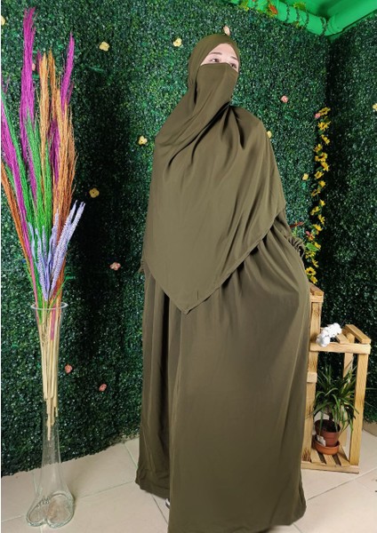 Umre Takım Haki Yeşili Medine Ipeği 3 Lü Set Elbise-Sufle-Seyyar Peçe modelleri