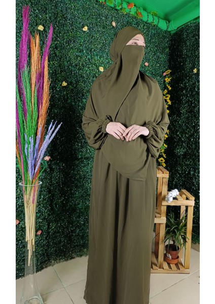 Umre Takım Haki Yeşili Medine Ipeği 3 Lü Set Elbise-Sufle-Seyyar Peçe fırsatları