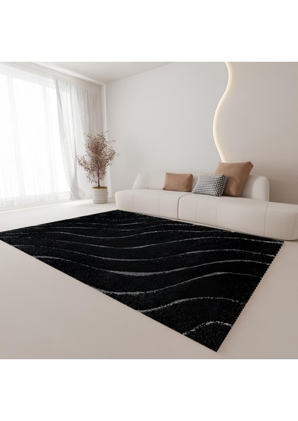 Dijital Baskı Premium Süngerli Kaymaz Taban Modern Salon Mutfak Koridor Halısı Siyah