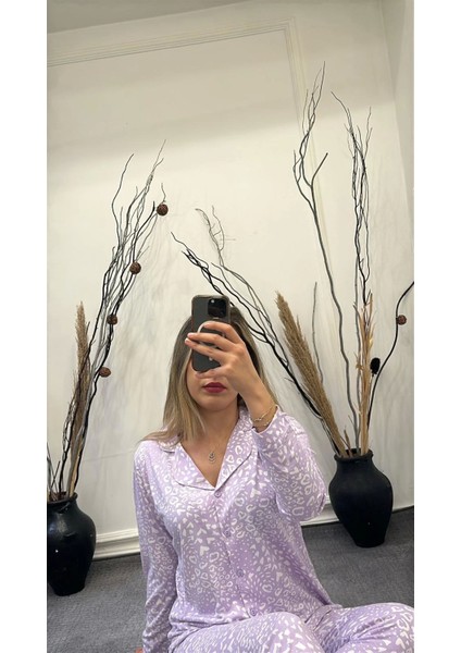6166 Bayan Önü Düğmeli Desenli Pijama Takımı