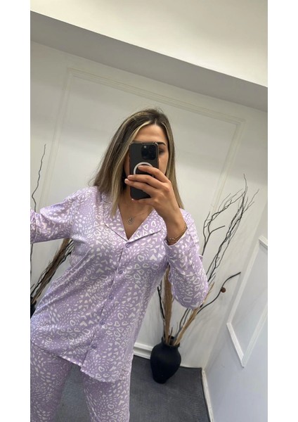 6166 Bayan Önü Düğmeli Desenli Pijama Takımı
