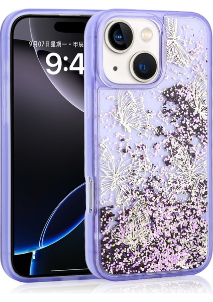 Apple iPhone 14 Kılıf Sıvı Simli ve Kelebek Baskı Desenli Şeffaf Glis Premium Silikon Kapak