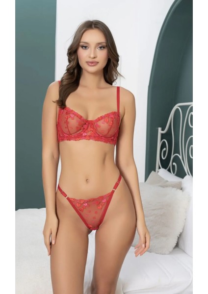 Kırmızı Kalpli Bralet Sütyen Takım