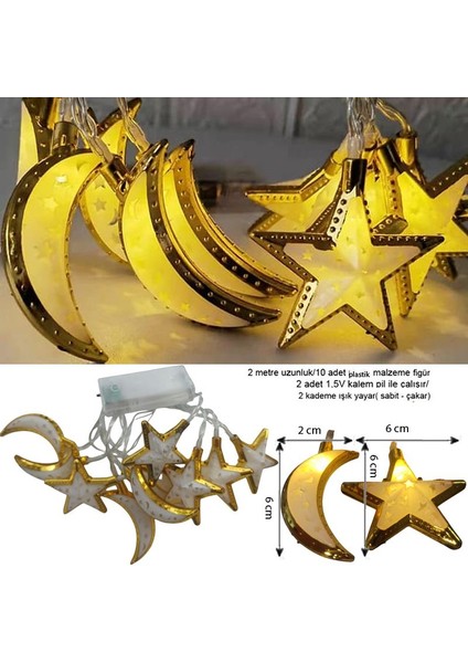 Ramazan Gün Işığı Renk 10 Adet Altın Renk Plastik Ampullü Ay Yıldız Şeklinde Pilli LED Işık 2 mt