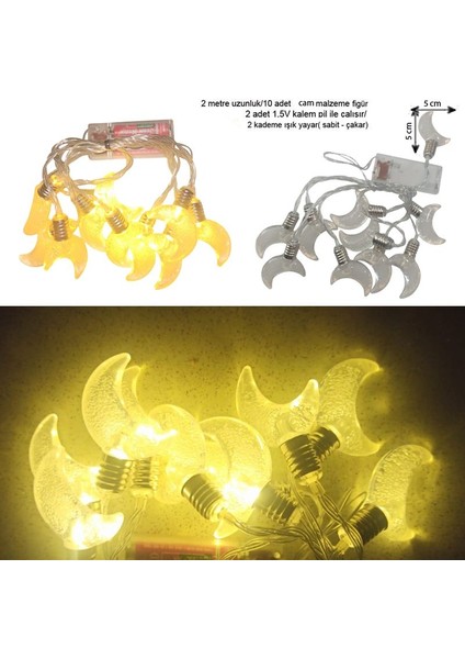 Ramazan Temalı Gün Işığı Renk 10 Cam Ampullü Ay Hilal Şeklinde Pilli LED Işık 2 mt