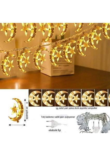 Ramazan Gün Işığı 16 Ampullü Mika Ay Yıldız Şekilli Elektrikli LED Işık 3,5 mt