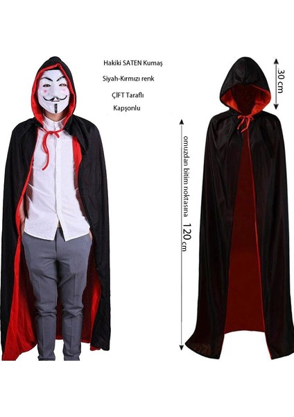 Halloween Çift Taraflı Kırmızı Siyah Renk Saten Kapşonlu V For Vendetta Pelerini 120 cm Yetişkin Boy