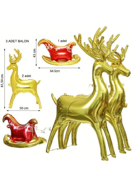 Yılbaşı Noel Baba Kızağı ve Geyikleri Şekilli 3 Adet Folyo Balon 1 Paket
