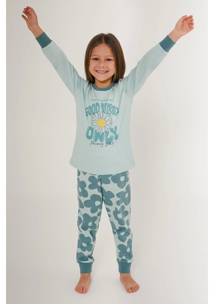 Good Vibes Only Su Yeşili Kız Çocuk Uzun Kol Pijama Takım