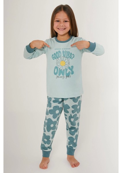 Good Vibes Only Su Yeşili Kız Çocuk Uzun Kol Pijama Takım