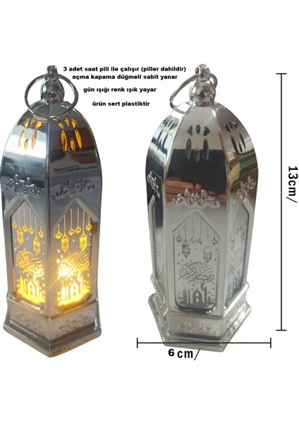 13 x 5 cm Gümüş Renk Mika Malzeme Ramazan Kandili Gün Işığı LED Fener 1 Adet