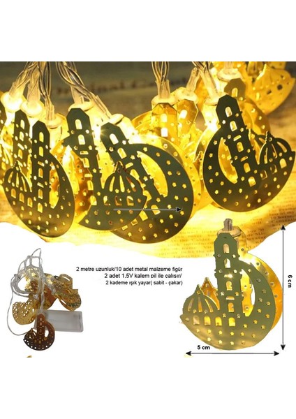 Ramazan Temalı Gün Işığı 10 Metal Ampullü Cami Şeklinde Pilli LED Işık 2 mt