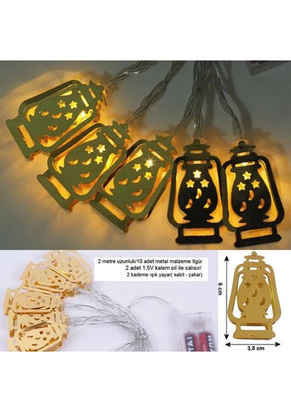 Ramazan Temalı Gün Işığı 10 Metal Ampullü Lamba Fener Şeklinde Pilli LED Işık 2 mt