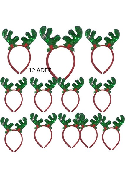 Pullu Yeşil Renk Geyik Boynuzu Şekilli Yılbaşı Tacı 12 Adet 23 x 12 cm
