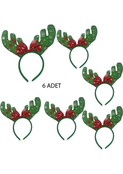 Peluş Yeşil Renk Geyik Boynuzu Şekilli Yılbaşı Tacı 6 Adet 23 x 12 cm