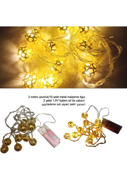 Ramazan Temalı Gün Işığı 10 Metal Ampullü Top Şeklinde Pilli LED Işık 2 mt Yılbaşı