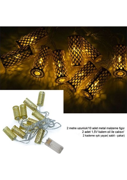 Ramazan Temalı Gün Işığı 10 Ampullü Kandil Şeklinde Pilli LED Işık 2 mt