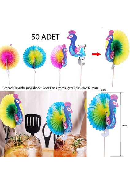 Hawaian Temalı Peacock Tavuskuşu Şeklinde Paper Fan Yiyecek Içecek Süsleme Kürdanı 50 Adet
