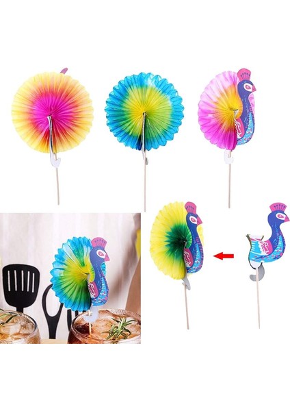 Hawaian Temalı Peacock Tavuskuşu Şeklinde Paper Fan Yiyecek Içecek Süsleme Kürdanı 50 Adet fırsatları