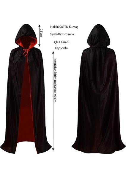 Halloween Çift Taraflı Kırmızı Siyah Renk Saten Kapşonlu Pelerin 90 cm Çocuk Boy