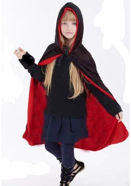 Halloween Çift Taraflı Kırmızı Siyah Renk Saten Kapşonlu Pelerin 90 cm Çocuk Boy fiyatları