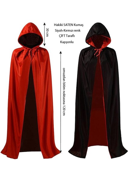 Halloween Çift Taraflı Kırmızı Siyah Renk Saten Kapşonlu Pelerin 120 cm Yetişkin Boy