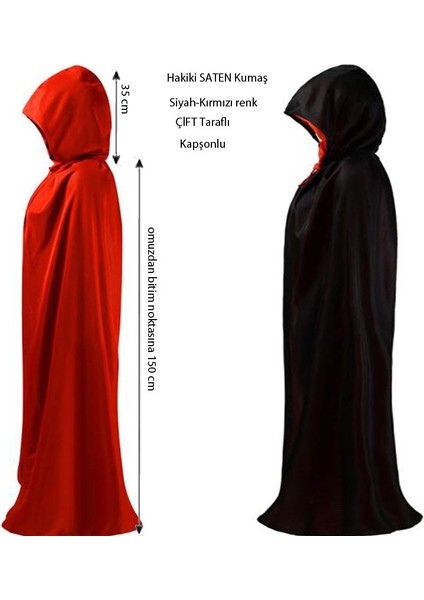 Halloween Çift Taraflı Kırmızı Siyah Renk Saten Kapşonlu Pelerin 150 cm Yetişkin Boy