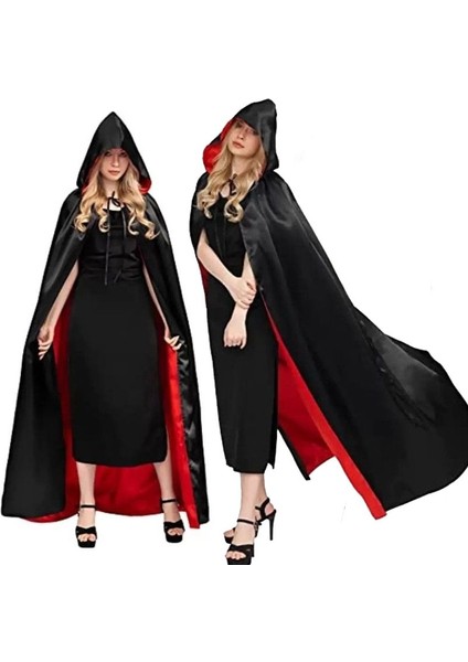 Halloween Çift Taraflı Kırmızı Siyah Renk Saten Kapşonlu Pelerin 150 cm Yetişkin Boy fiyatları