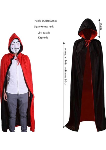 Halloween Çift Taraflı Kırmızı Siyah Renk Saten Kapşonlu V For Vendetta Pelerini 90 cm Çocuk Boy