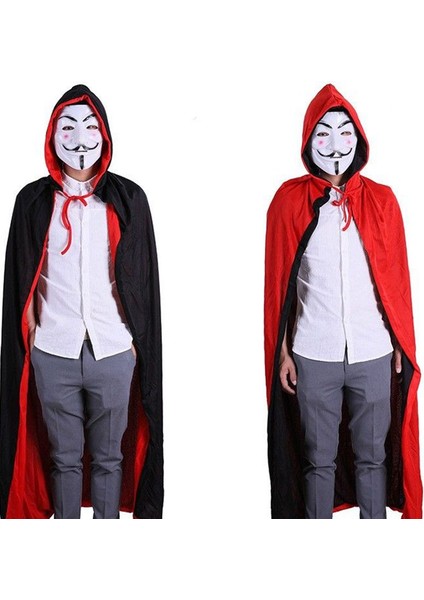Halloween Çift Taraflı Kırmızı Siyah Renk Saten Kapşonlu V For Vendetta Pelerini 90 cm Çocuk Boy fiyatları