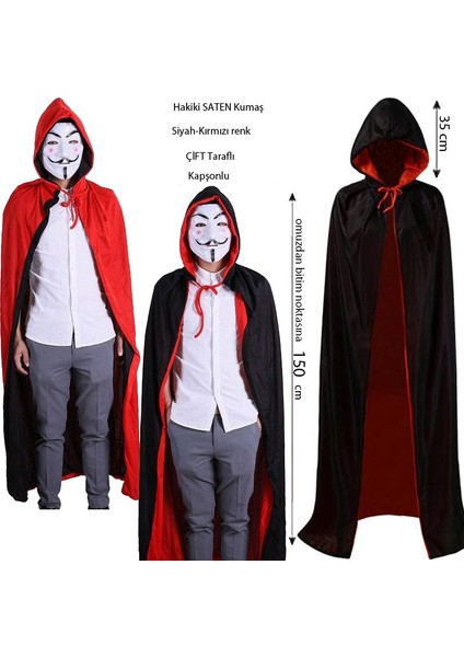 Halloween Çift Taraflı Kırmızı Siyah Renk Saten Kapşonlu V For Vendetta Pelerini 150 cm Yetişkin Boy