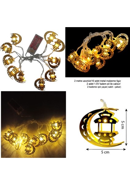 Ramazan Temalı Gün Işığı 10 Metal Ampullü Ay Kandil Şeklinde Pilli LED Işık 2 mt