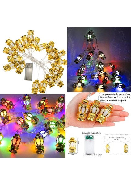 Ramazan Temalı Karışık Renk 20 Plastik Ampullü Fener Şeklinde Pilli LED Işık 3 mt