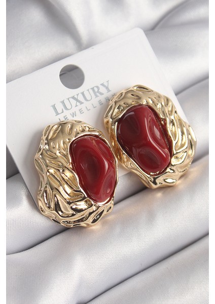 Pirinç Gold Renk Kırmızı Oval Işleme Detay Vintage Kadın Küpe - TJ-BKP9816