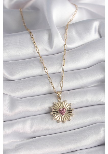 316L Çelik Gold Renk Pembe Zirkon Taşlı Kalp İşleme Madalyon Model Kadın Kolye - TJ-BKO9534