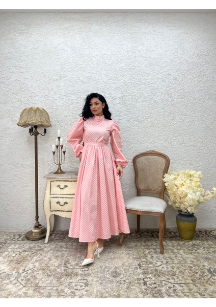 Tesettür Pembe Puantiyeli Uzun Kloş Elbise fiyatları