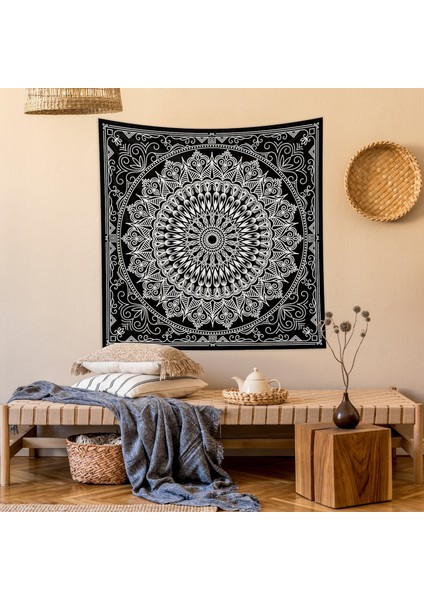 Black Bohemian Mandala Duvar Örtüsü - 135 cm x 135 cm