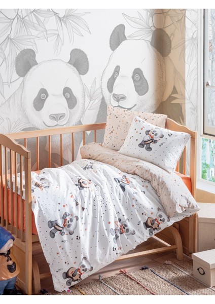 Bebek Nevresim Takımı Panda Desenli Bej %100 Pamuk