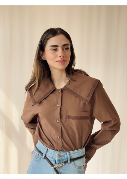 Tasarım Dantelli Bebe Yaka Gömlek Kadın Kahverengi