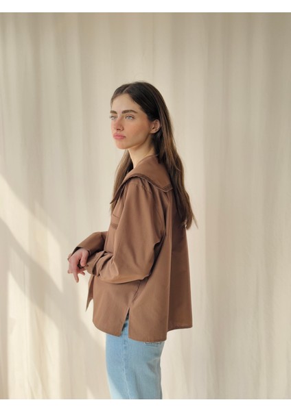 Tasarım Dantelli Bebe Yaka Gömlek Kadın Kahverengi modelleri