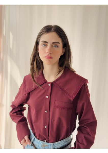 Tasarım Dantelli Bebe Yaka Gömlek Kadın Bordo