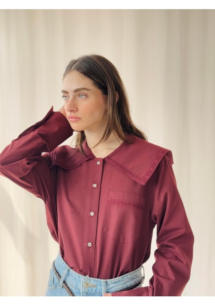 Tasarım Dantelli Bebe Yaka Gömlek Kadın Bordo fiyatları