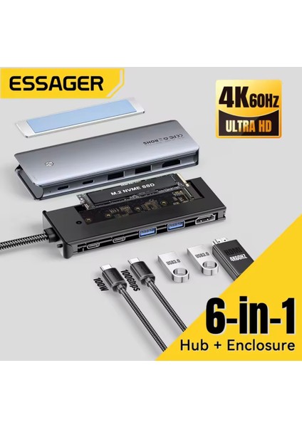 6'nın 1'i M.2 Ssd Fonksiyonlu Çoğaltıcı Hub 4K 10Gbps Type-C Pd 100W Usb3.2 Gen2 HDMİ 60Hz4K/CE/FC/ROHS Lisanslı