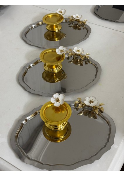 Iki Model Beyaz Çiçekli 3 Adet Çelik Oval Tepsi ve 3 Adet Gold Makaronluk