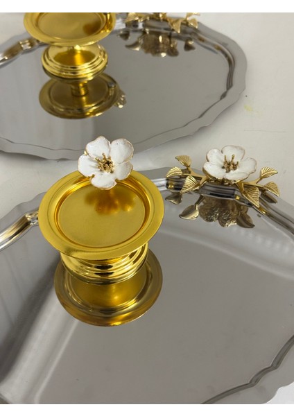 Iki Model Beyaz Çiçekli 3 Adet Çelik Oval Tepsi ve 3 Adet Gold Makaronluk