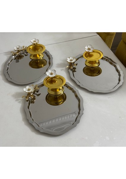 Iki Model Beyaz Çiçekli 3 Adet Çelik Oval Tepsi ve 3 Adet Gold Makaronluk