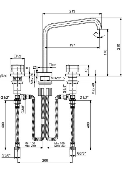 Royal Ankastre Lavabo Bataryası Duvardan 3 Delikli Düz Çıkış Uçlu 102106666