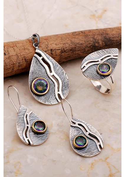 Mistik Topaz Taşlı Çekiç Dövme Elişi Damla Gümüş Set 2806